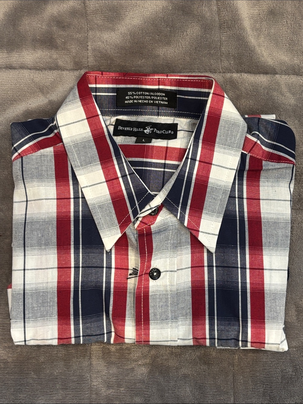 Beverly Hills Polo Club Men's Red Navy White Plaid Button-Down Shirt
